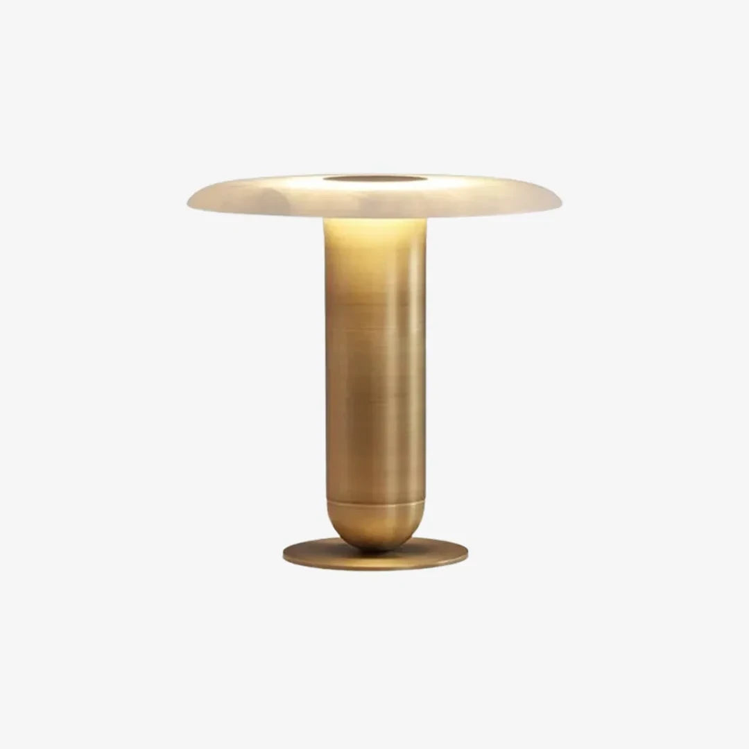 Illuminated Modern Brass Disc Shade Table Lamp Studio Shot on Pure White Background