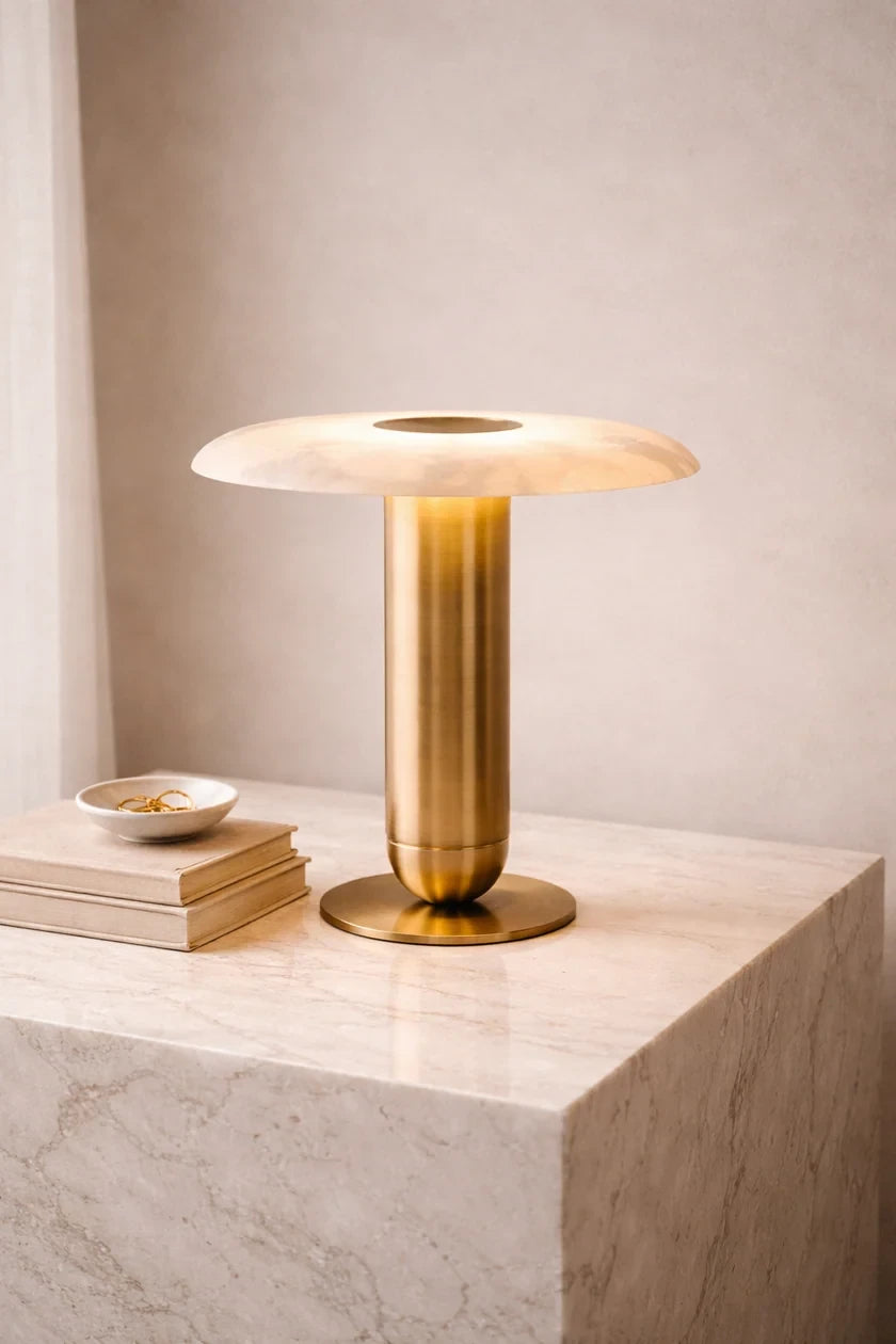 Modern Brass Disc Shade Table Lamp in Minimalist Setting