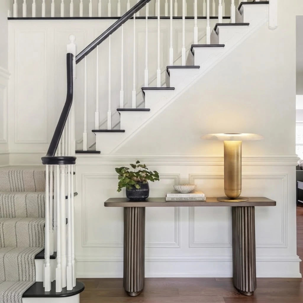Modern Brass Table Lamp with Disc Shade in Grand Hallway Foyer