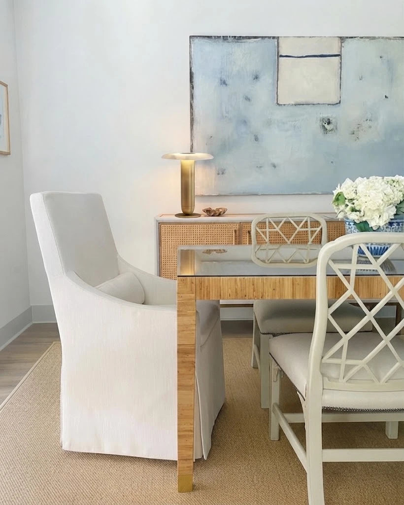 Modern Brass Disc Shade Table Lamp in Elegant Dining Room