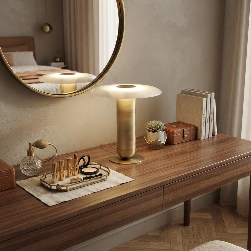 Modern Brass Table Lamp with Disc Shade in Luxury Vanity Space