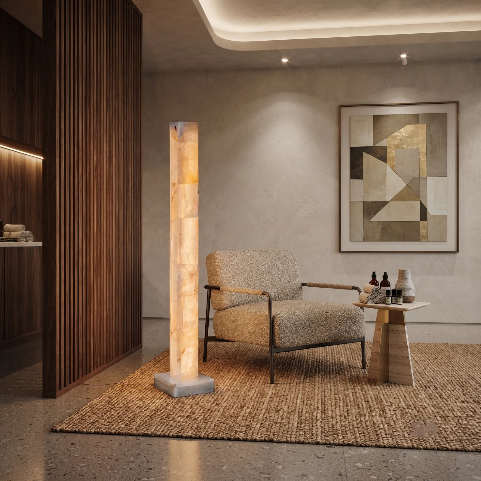 Illuminated Alabaster Column Light Over Living Room Lounge Nook