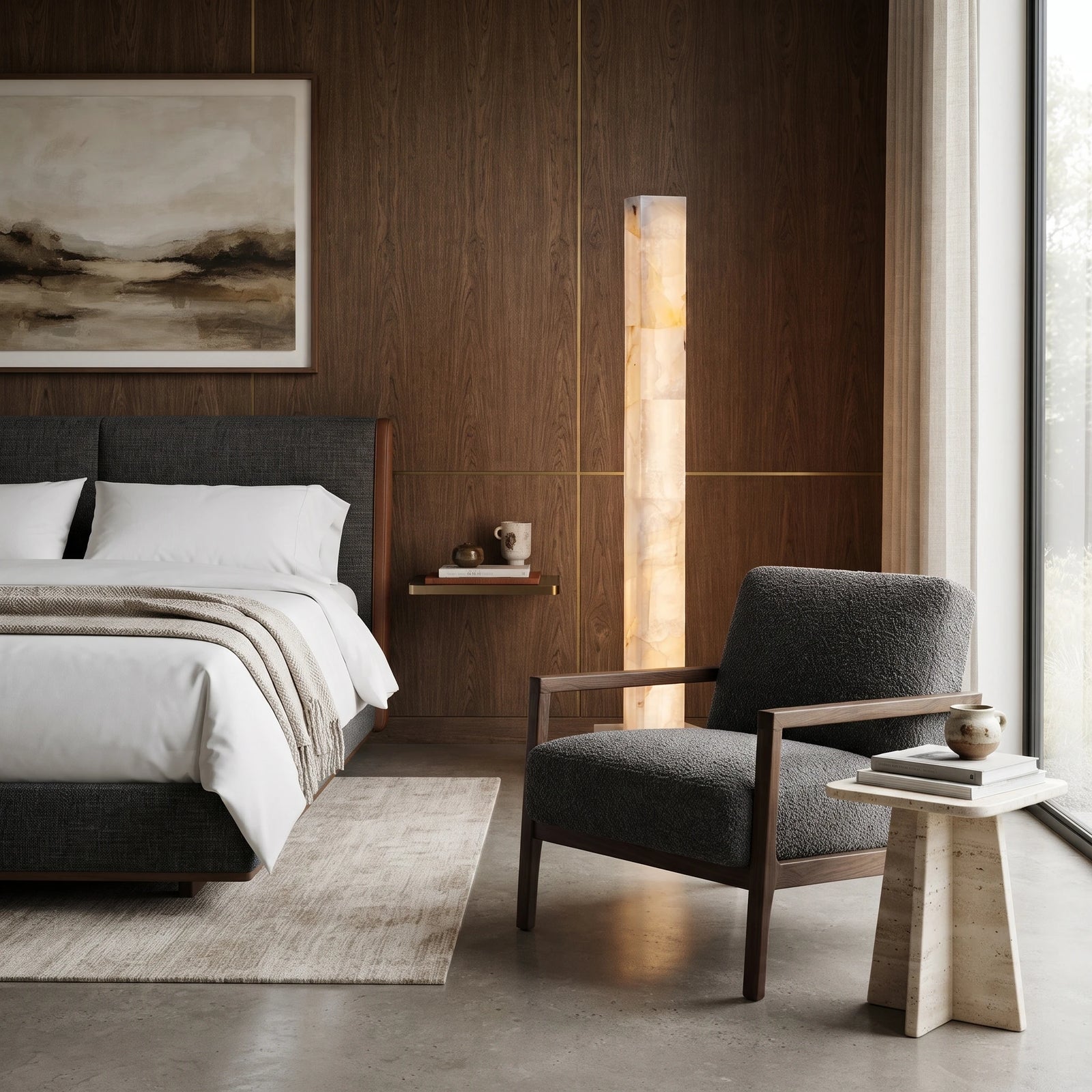 Modern Alabaster Column Floor Lamp Over Bedroom Lounge Corner