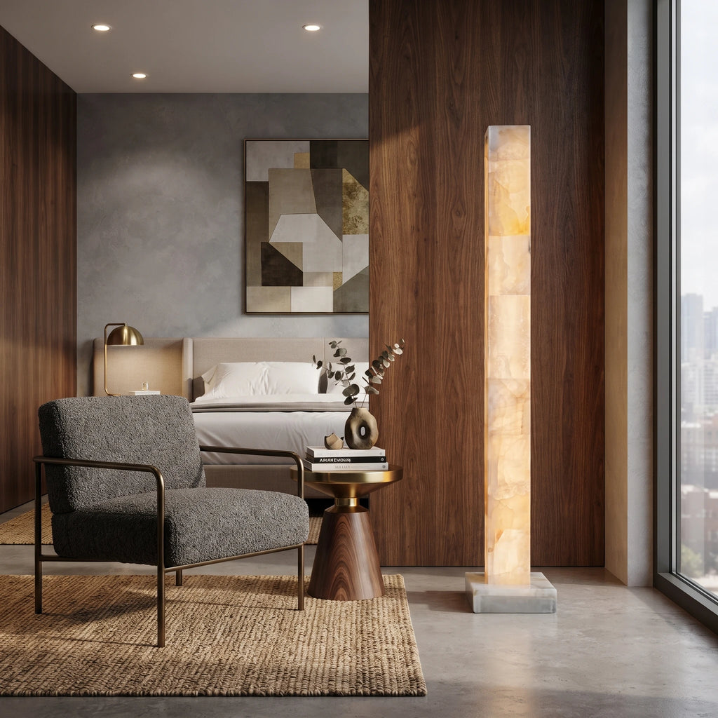 Alabaster Column Floor Lamp Illuminating Bedroom Corner