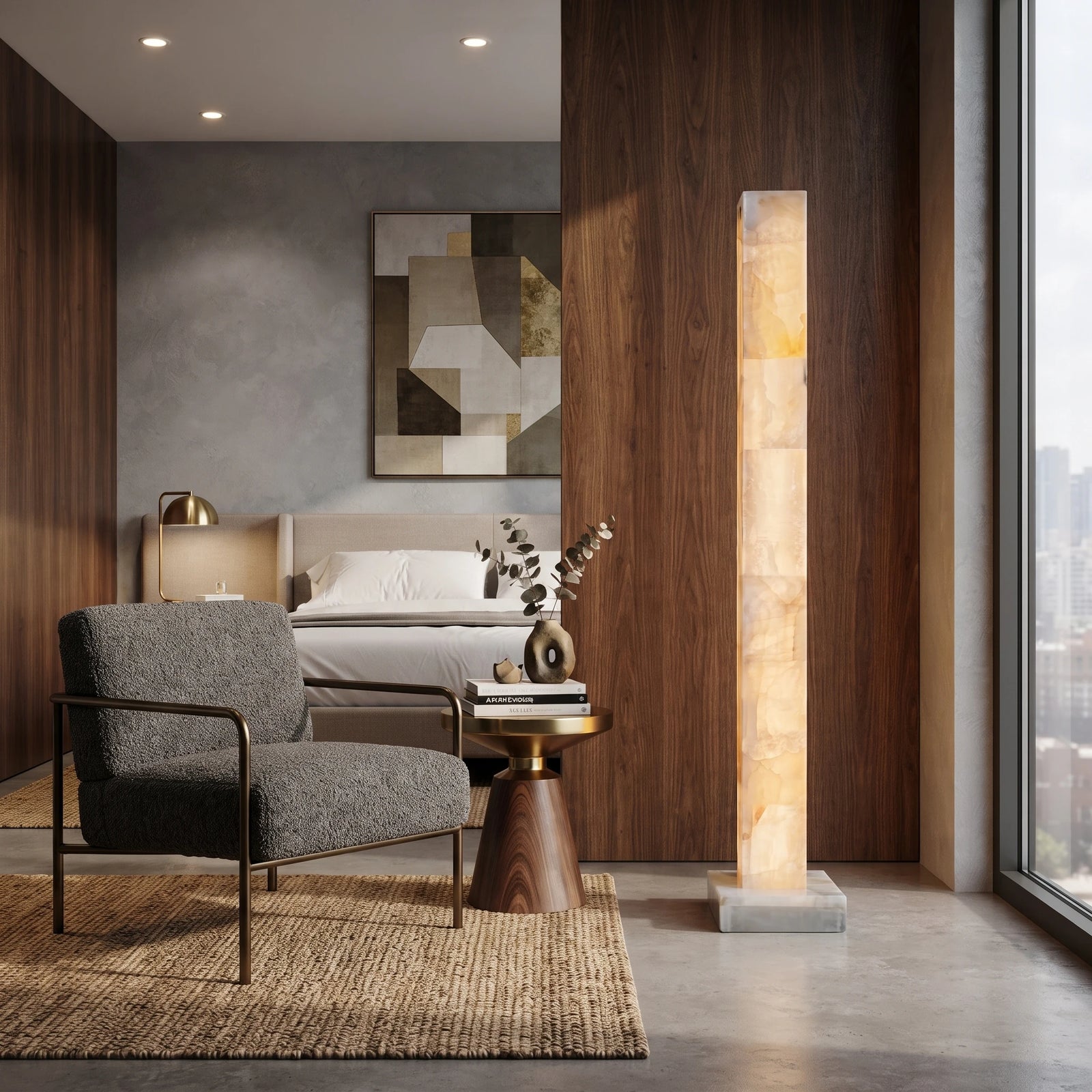 Alabaster Column Floor Lamp Illuminating Bedroom Corner