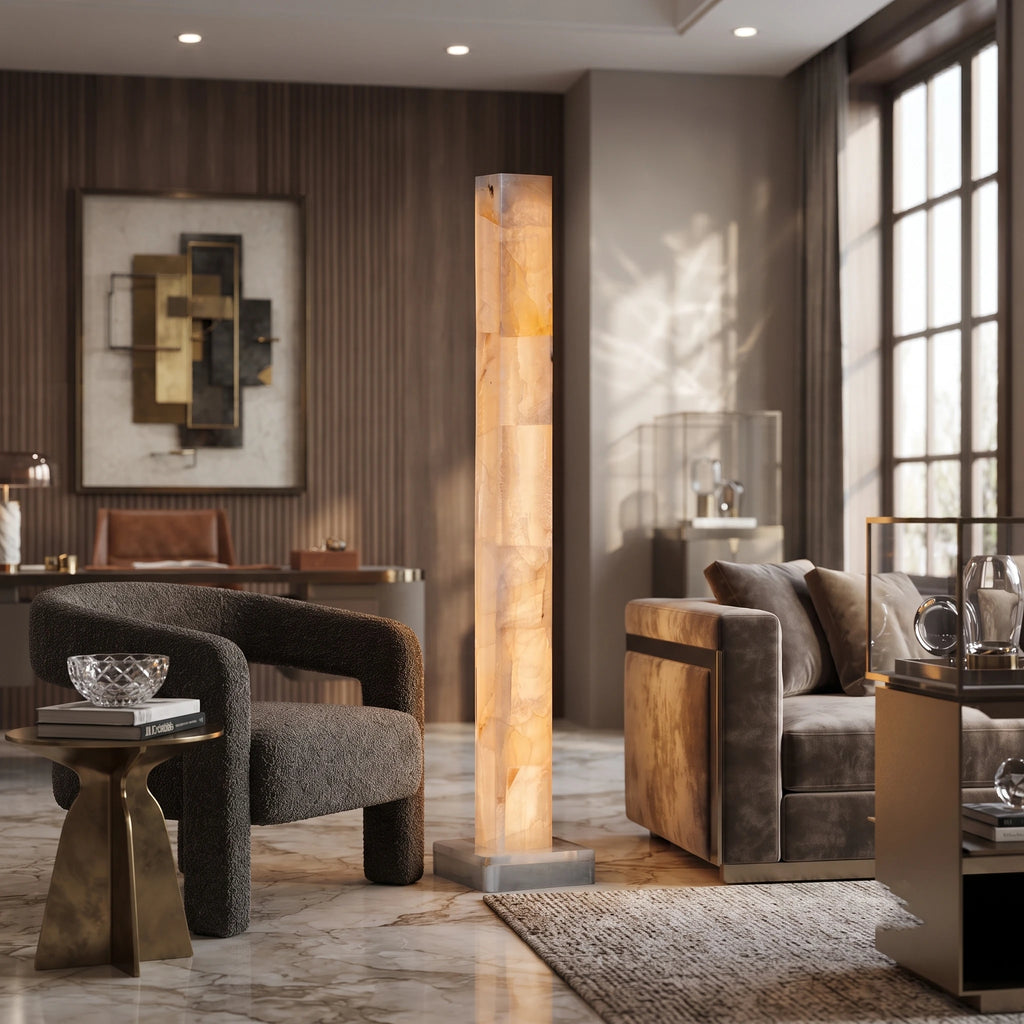 Square Alabaster Column Floor Lamp Over Living Room Corner