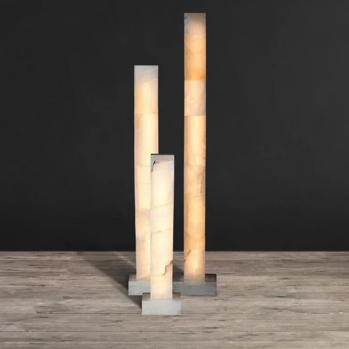 Group of Three Alabaster Column Floor Lamps Studio Setup