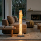 Modern Alabaster Column Floor Lamp Over Living Room Seating Area