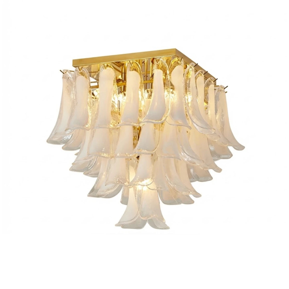 Modern Brass and Feather Wave Art Glass Square Semi-Flush Mount Chandelier with Gold Canopy on Pure White Background