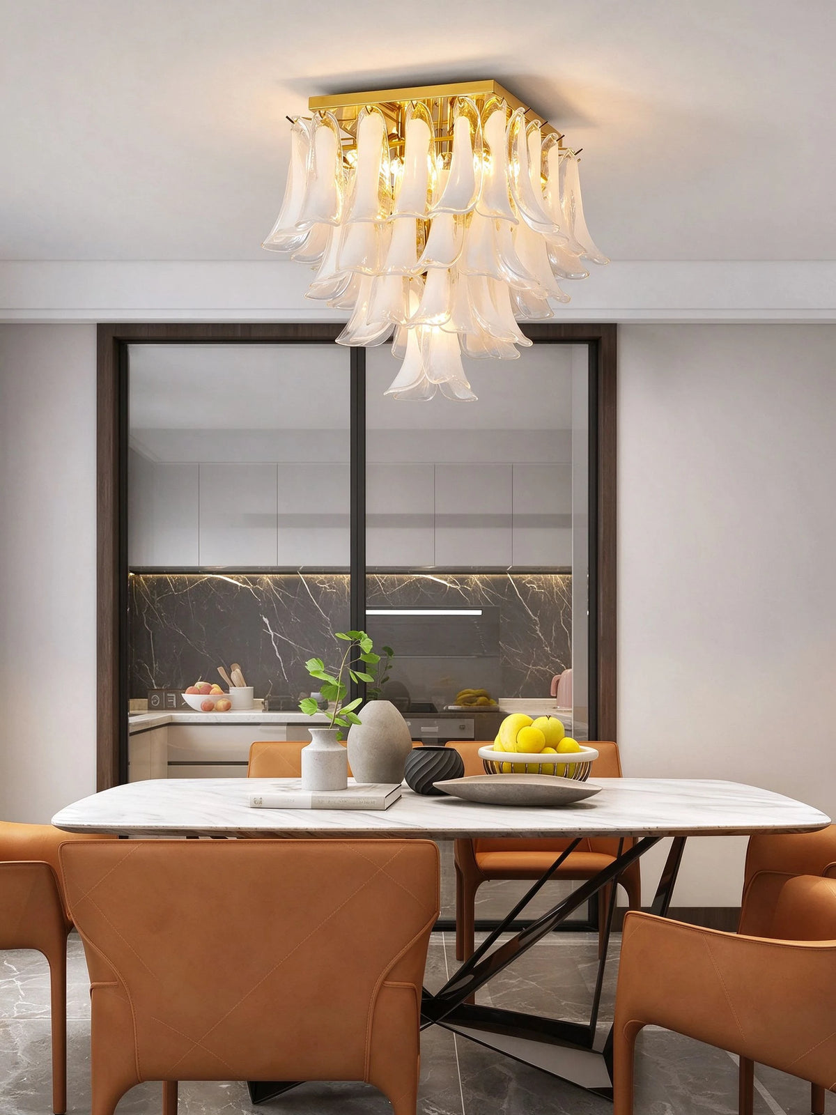 Modern Brass Feather Wave Square Chandelier in Elegant Dining Room