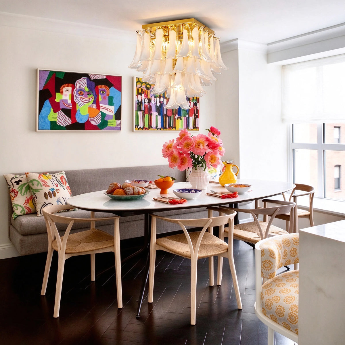 Modern Brass Feather Wave Square Chandelier in Cozy Dining Nook