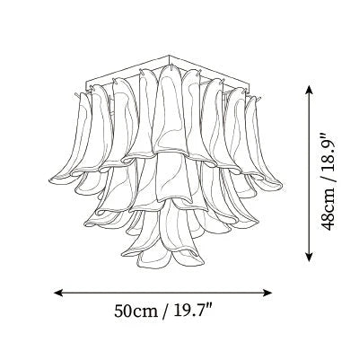 Modern Medium Feather Wave Art Glass Square Chandelier Line Art Dimension Diagram