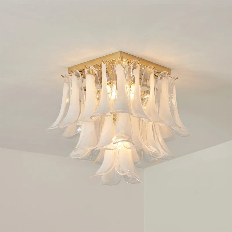 Illuminated Modern Brass Feather Wave Art Glass Square Chandelier Studio Shot