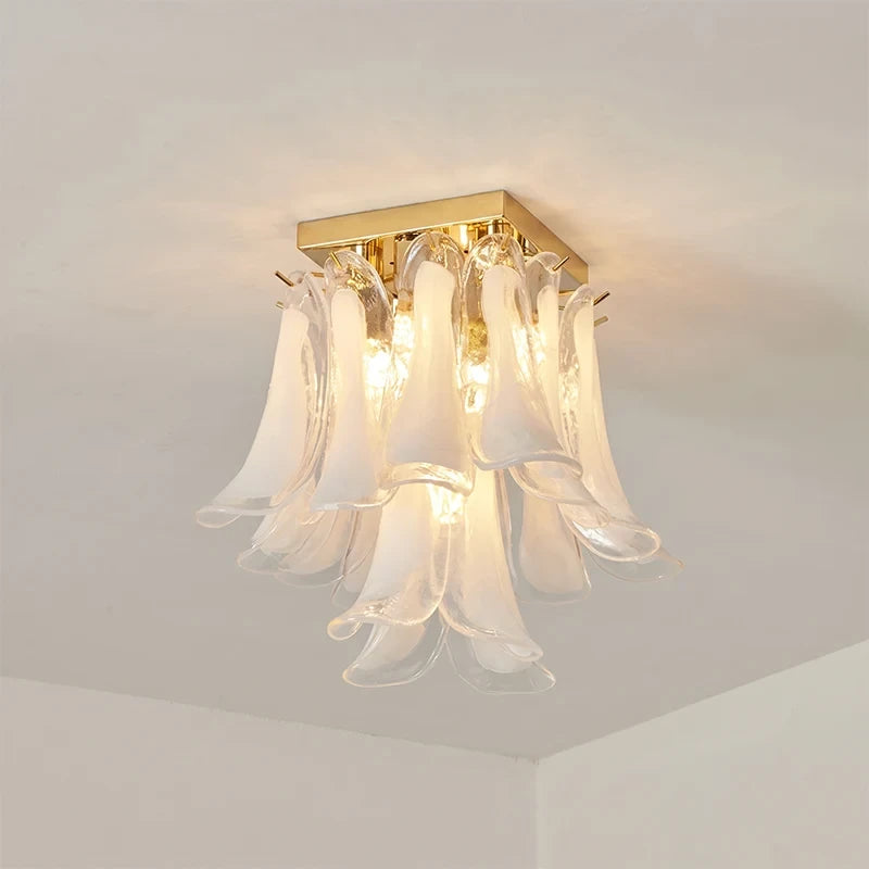 Upward View of Illuminated Modern Feather Wave Square Chandelier Studio Display
