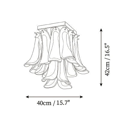 Modern Small Feather Wave Art Glass Square Chandelier Line Art Dimension Diagram