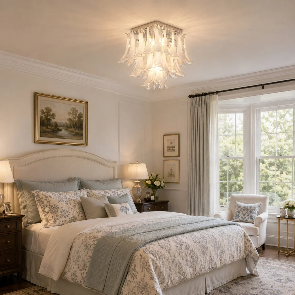 Modern Feather Wave Art Glass Square Chandelier in Master Bedroom Setting