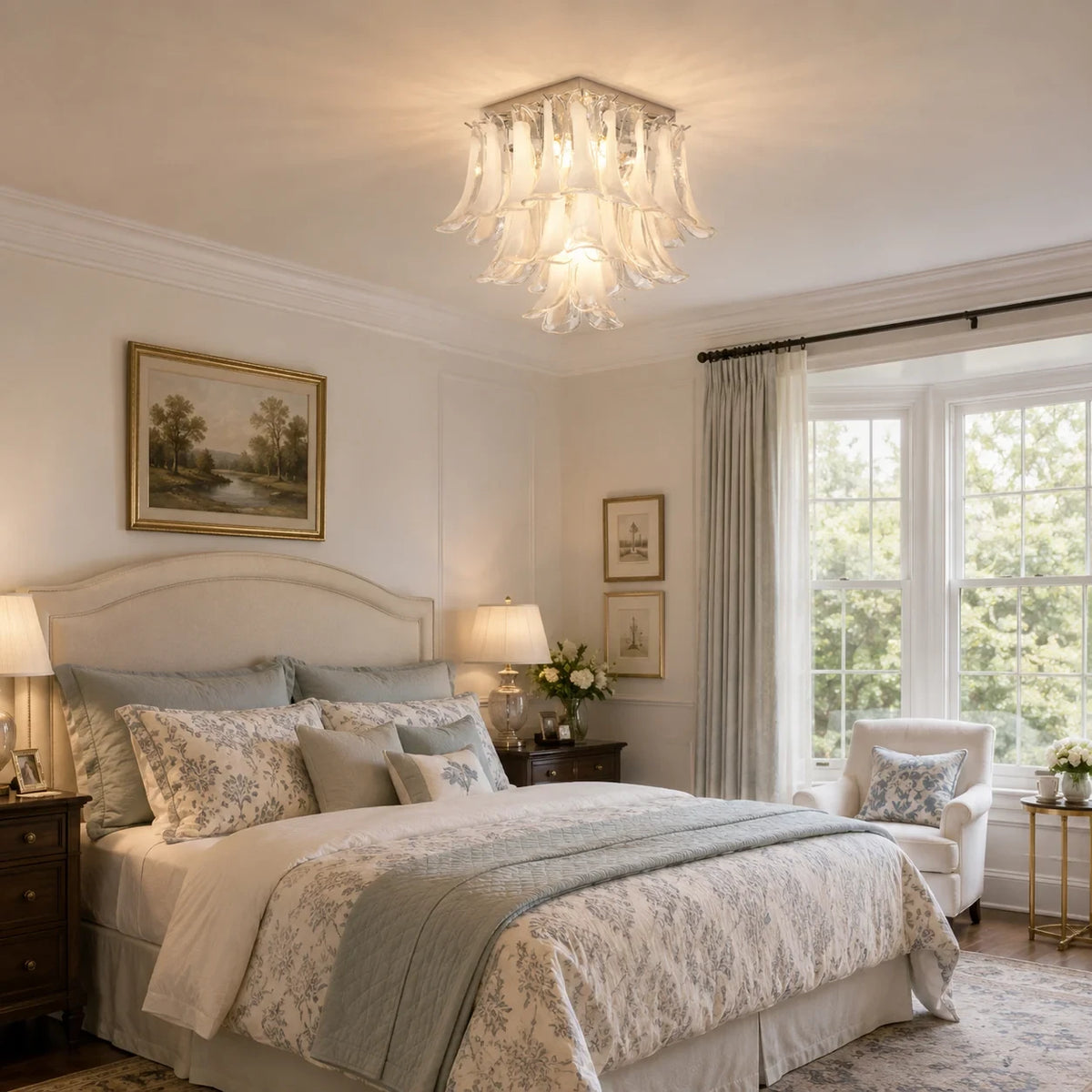 Modern Feather Wave Art Glass Square Chandelier in Master Bedroom Setting