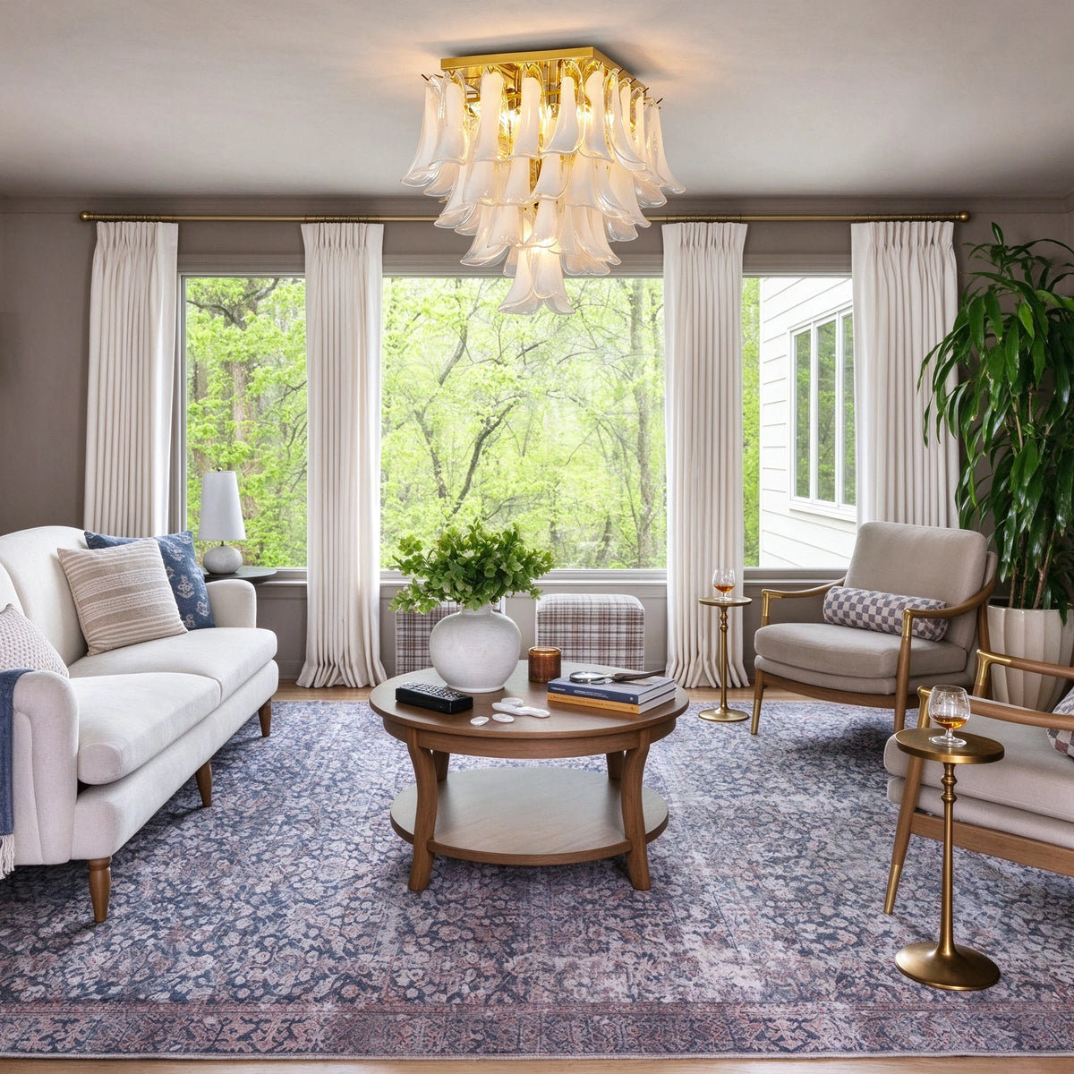Modern Feather Wave Art Glass Square Chandelier in Bright Living Room
