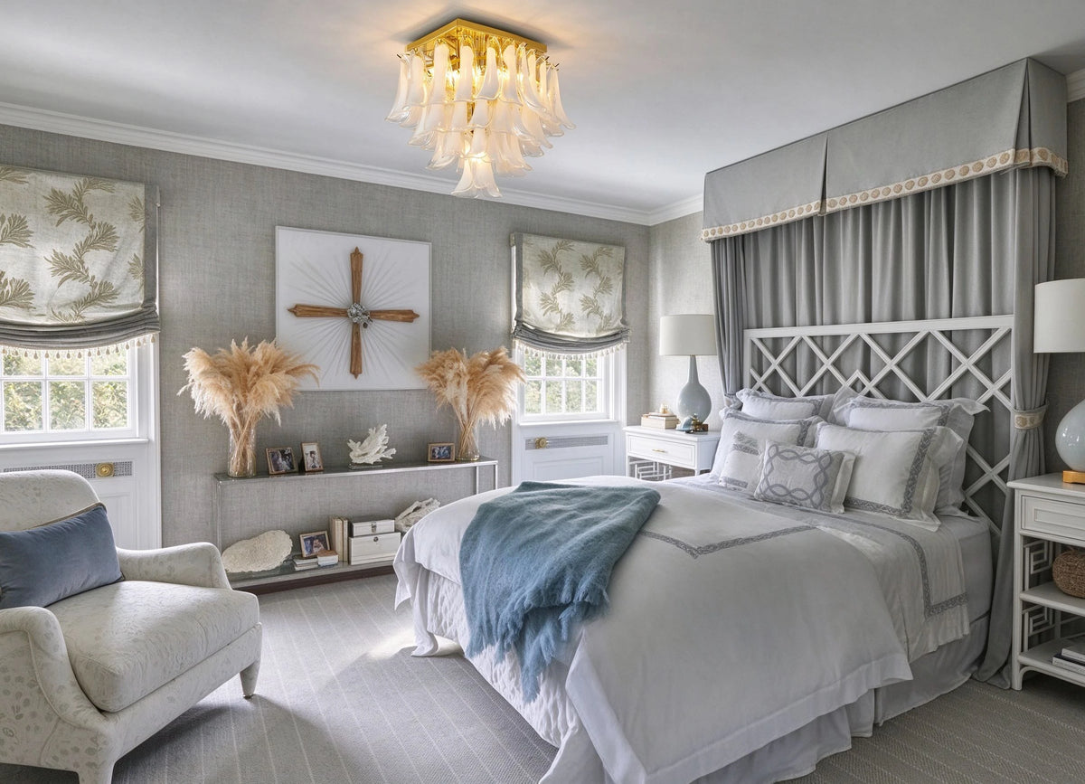 Modern Brass Feather Wave Square Chandelier in Master Bedroom Interior