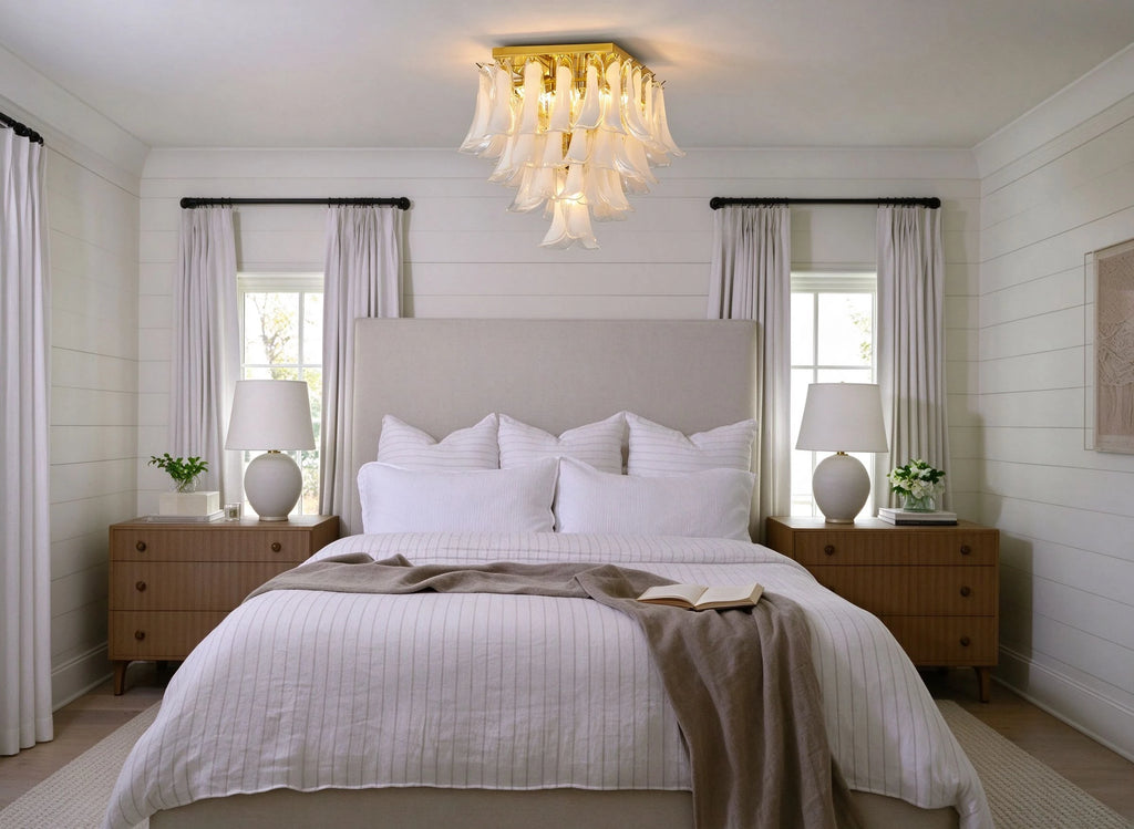 Modern Brass Feather Wave Square Chandelier in Cozy Bedroom Setting
