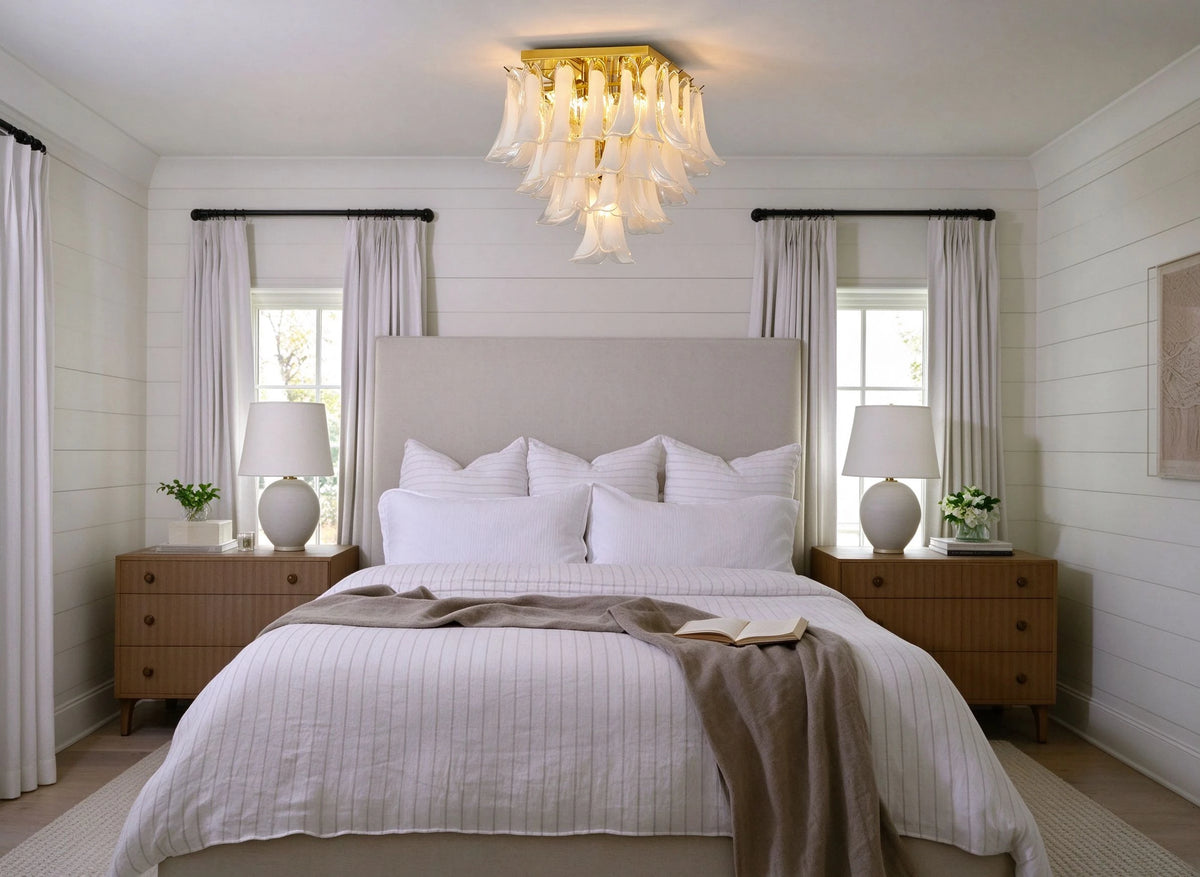 Modern Brass Feather Wave Square Chandelier in Cozy Bedroom Setting