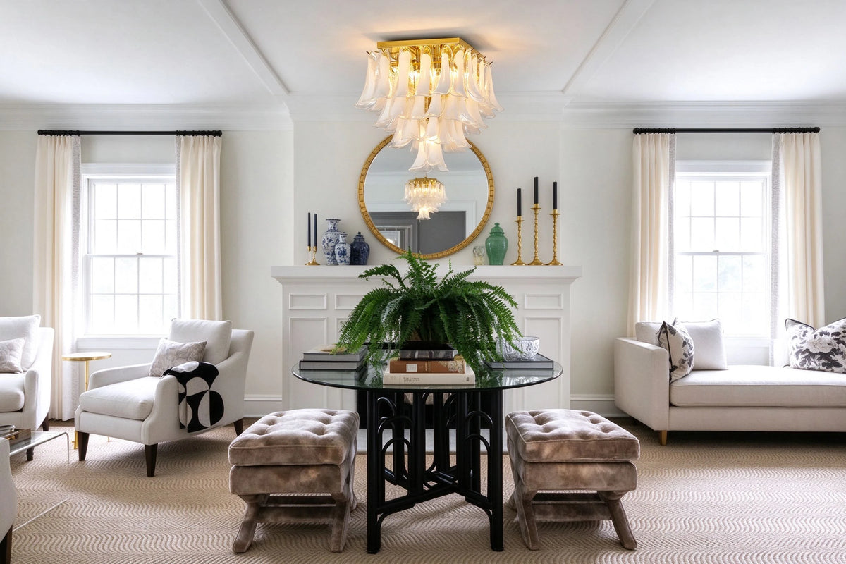 Modern Feather Wave Art Glass Square Chandelier in Contemporary Living Room