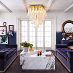 Modern Brass Feather Wave Square Chandelier in Luxury Living Space