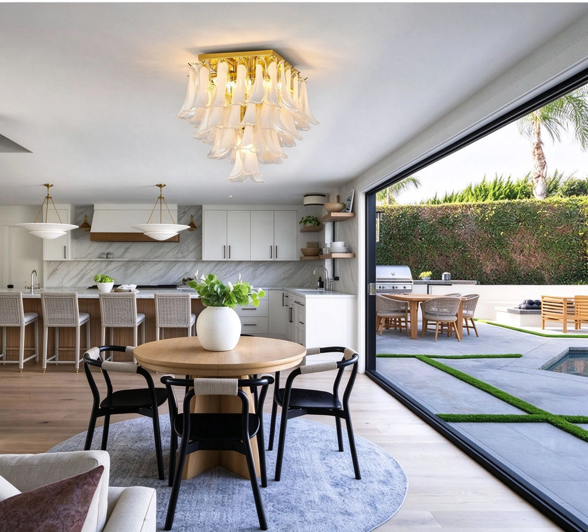 Modern Feather Wave Art Glass Square Chandelier in Open Plan Kitchen Dining Area