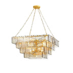 Modern Brass and Square Tiered Art Glass Chandelier with Gold Canopy on Pure White Background