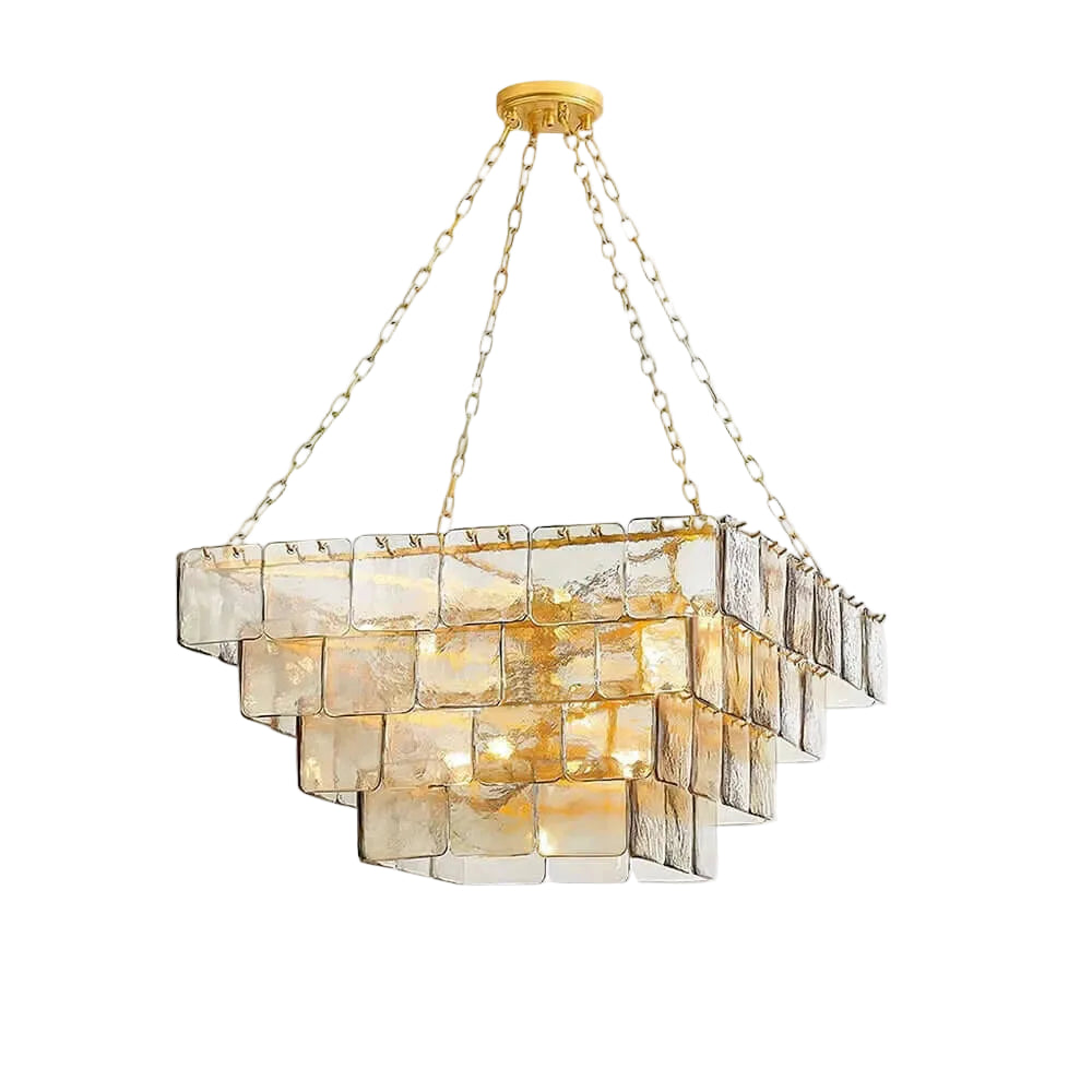 Modern Brass and Square Tiered Art Glass Chandelier with Gold Canopy on Pure White Background