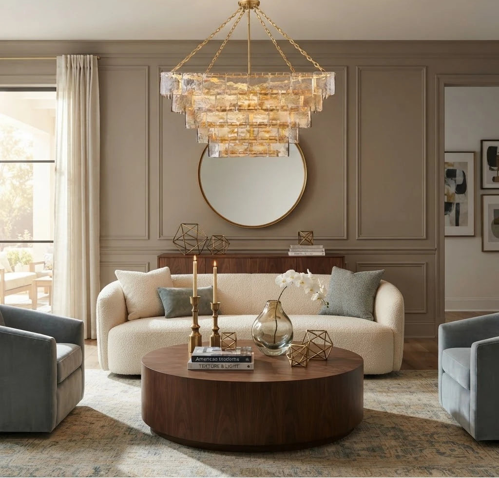 Modern Brass Square Tiered Chandelier in Living Room Setting