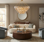Modern Brass Square Tiered Chandelier in Living Room Setting