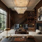 Modern Brass Square Tiered Chandelier in Home Office Setting