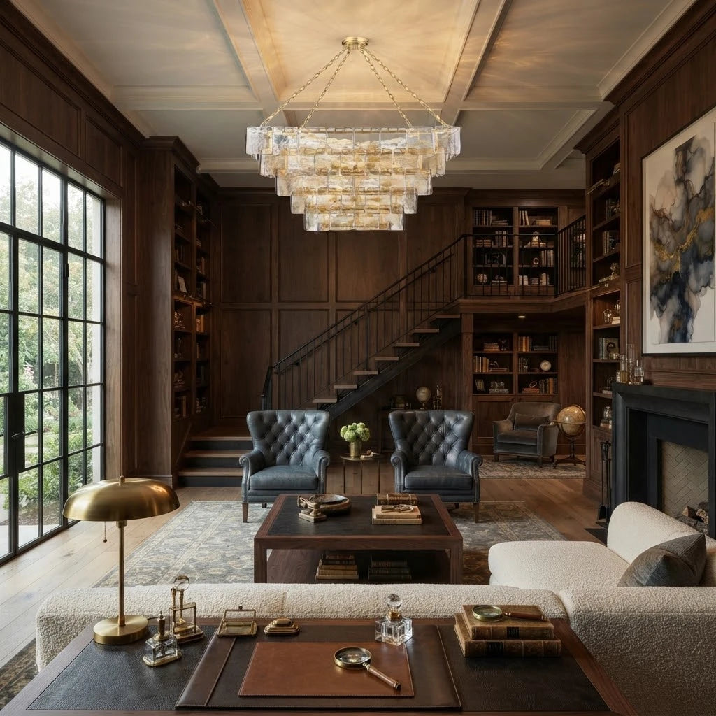 Modern Brass Square Tiered Chandelier in Home Office Setting