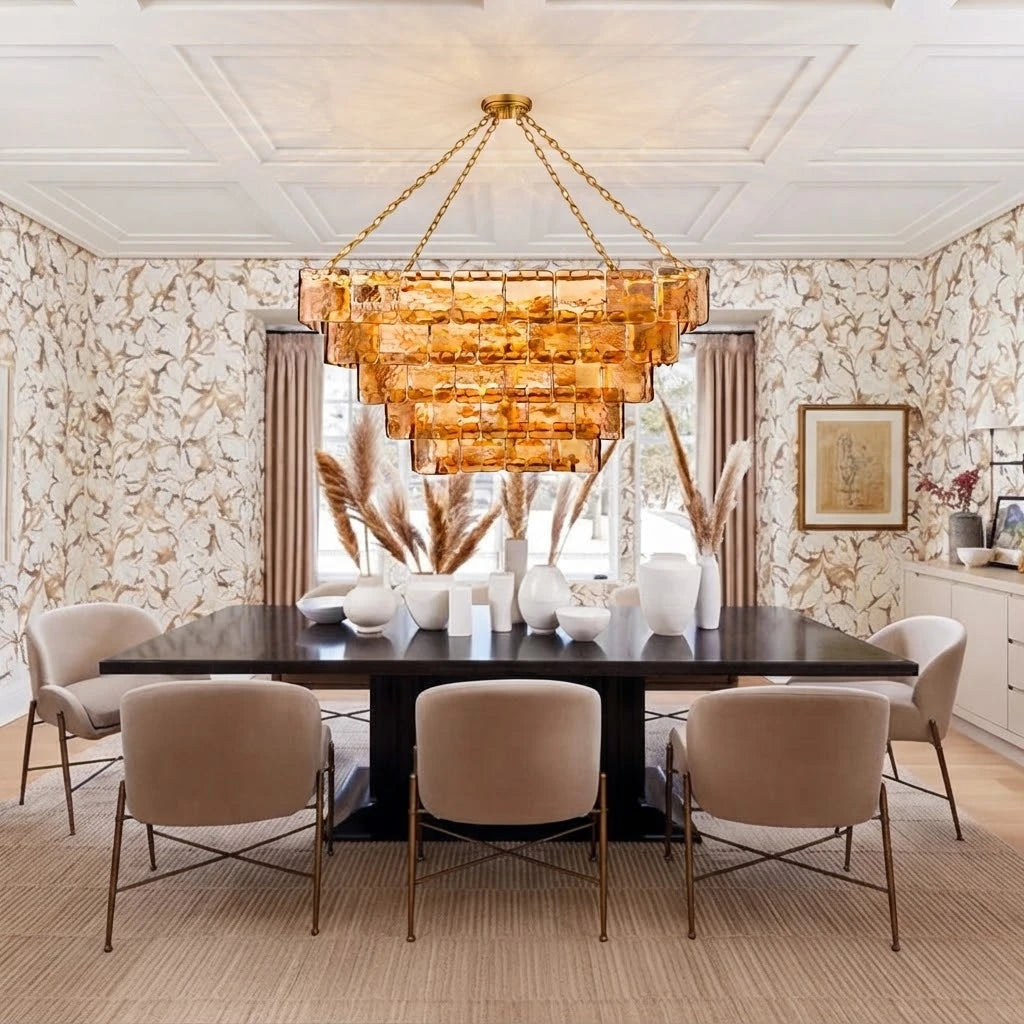 Modern Brass Square Tiered Chandelier in Elegant Dining Setting