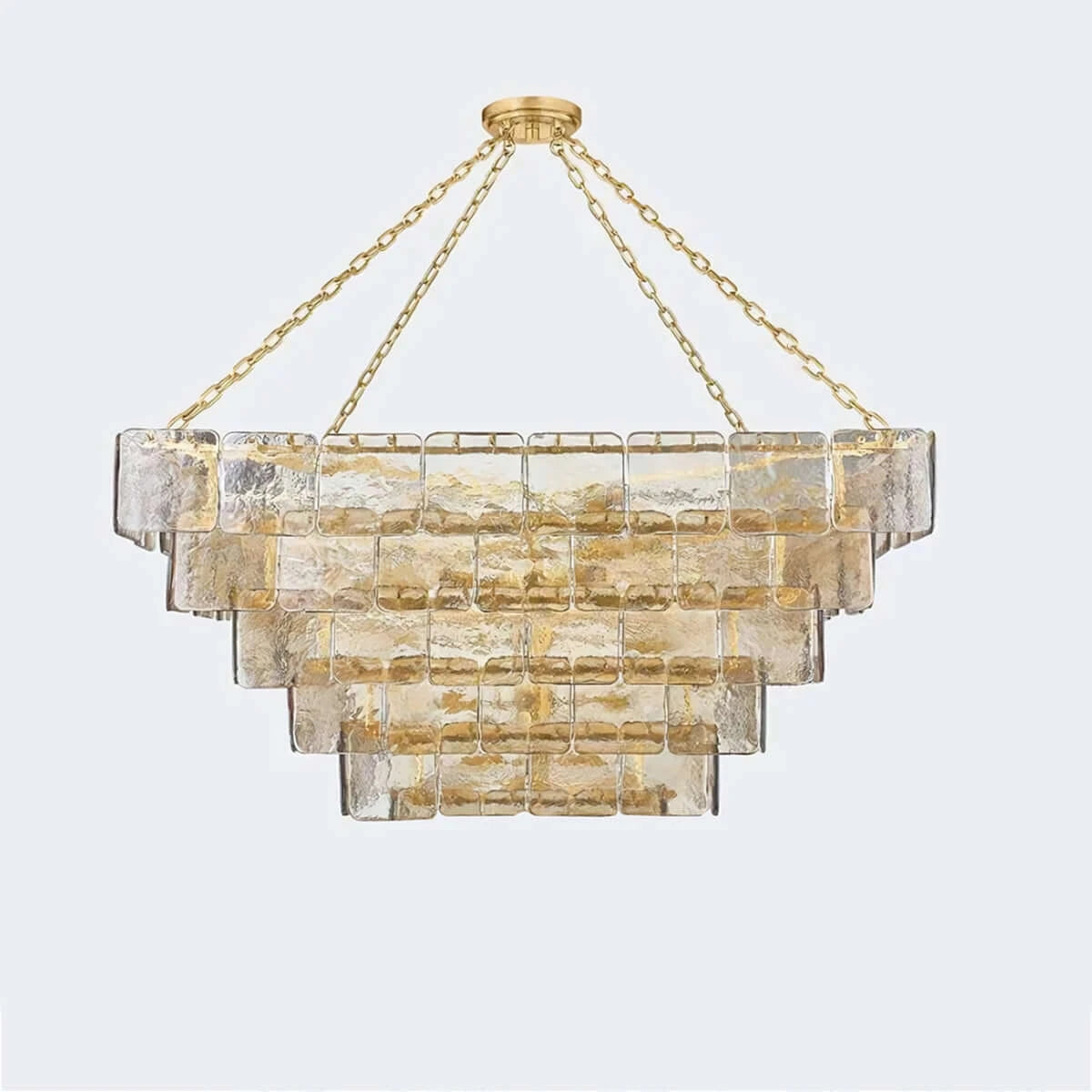 Front View of Modern Brass Square Tiered Art Glass Chandelier Studio Shot
