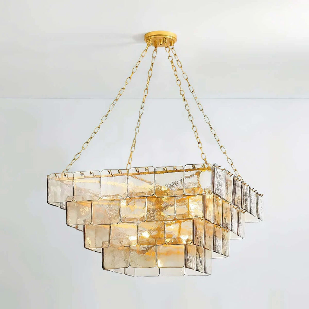 Illuminated Modern Large Square Tiered Crystal Glass Chandelier Studio Display