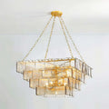 Illuminated Modern Large Square Tiered Crystal Glass Chandelier Studio Display