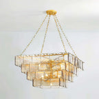 Illuminated Modern Large Square Tiered Crystal Glass Chandelier Studio Display