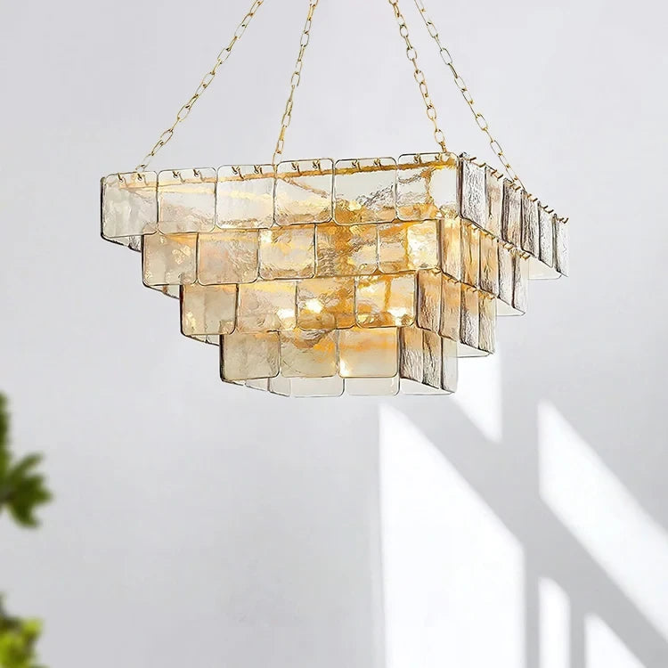 Illuminated Modern Brass Square Tiered Art Glass Chandelier Studio Shot