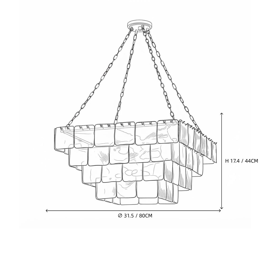 Modern Square Tiered Art Glass Chandelier Line Art Dimension Diagram