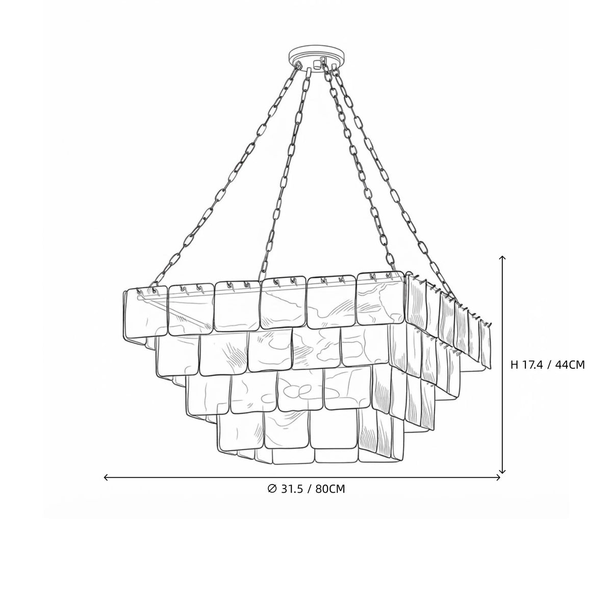 Modern Square Tiered Art Glass Chandelier Line Art Dimension Diagram