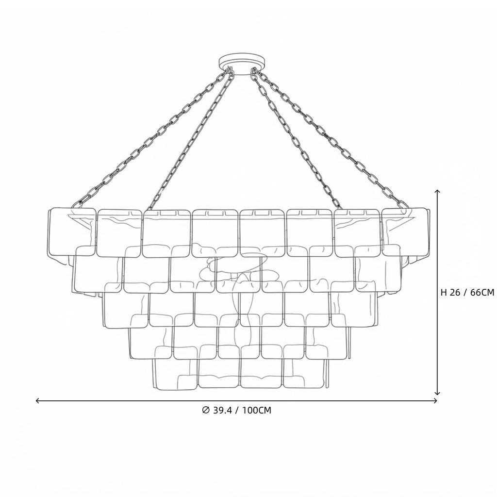 Modern Large Square Tiered Art Glass Chandelier Line Art Dimension Diagram