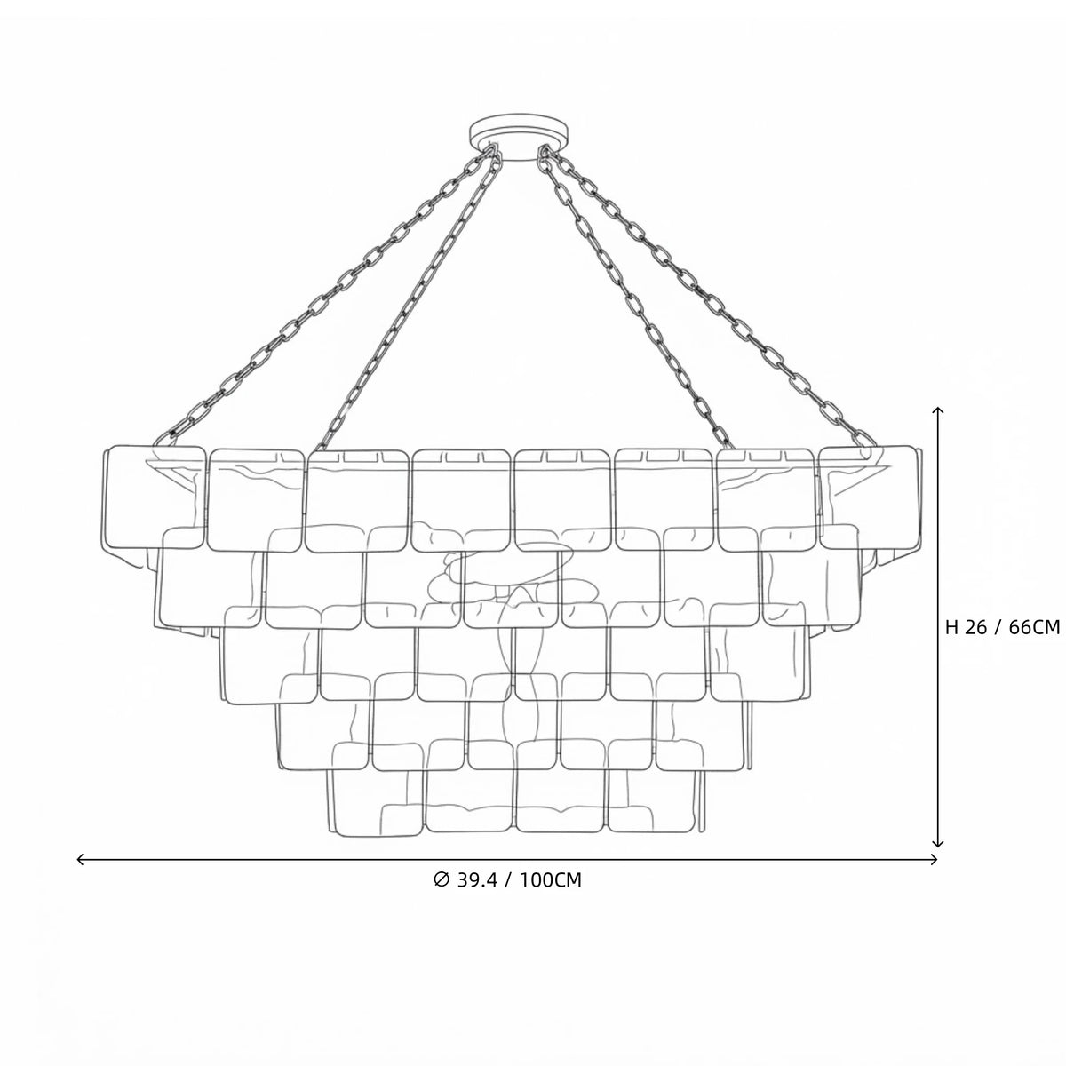 Modern Large Square Tiered Art Glass Chandelier Line Art Dimension Diagram