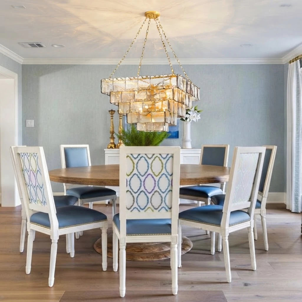 Modern Square Tiered Art Glass Chandelier Over Round Dining Table