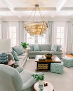 Modern Brass Square Tiered Chandelier in Contemporary Living Space