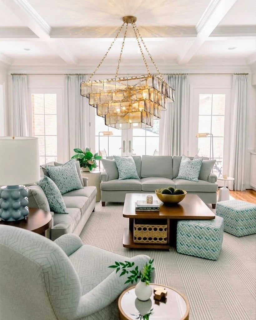 Modern Brass Square Tiered Chandelier in Contemporary Living Space