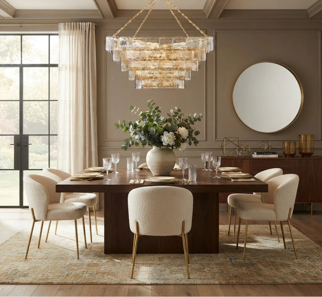 Modern Brass Square Tiered Chandelier in Formal Dining Room