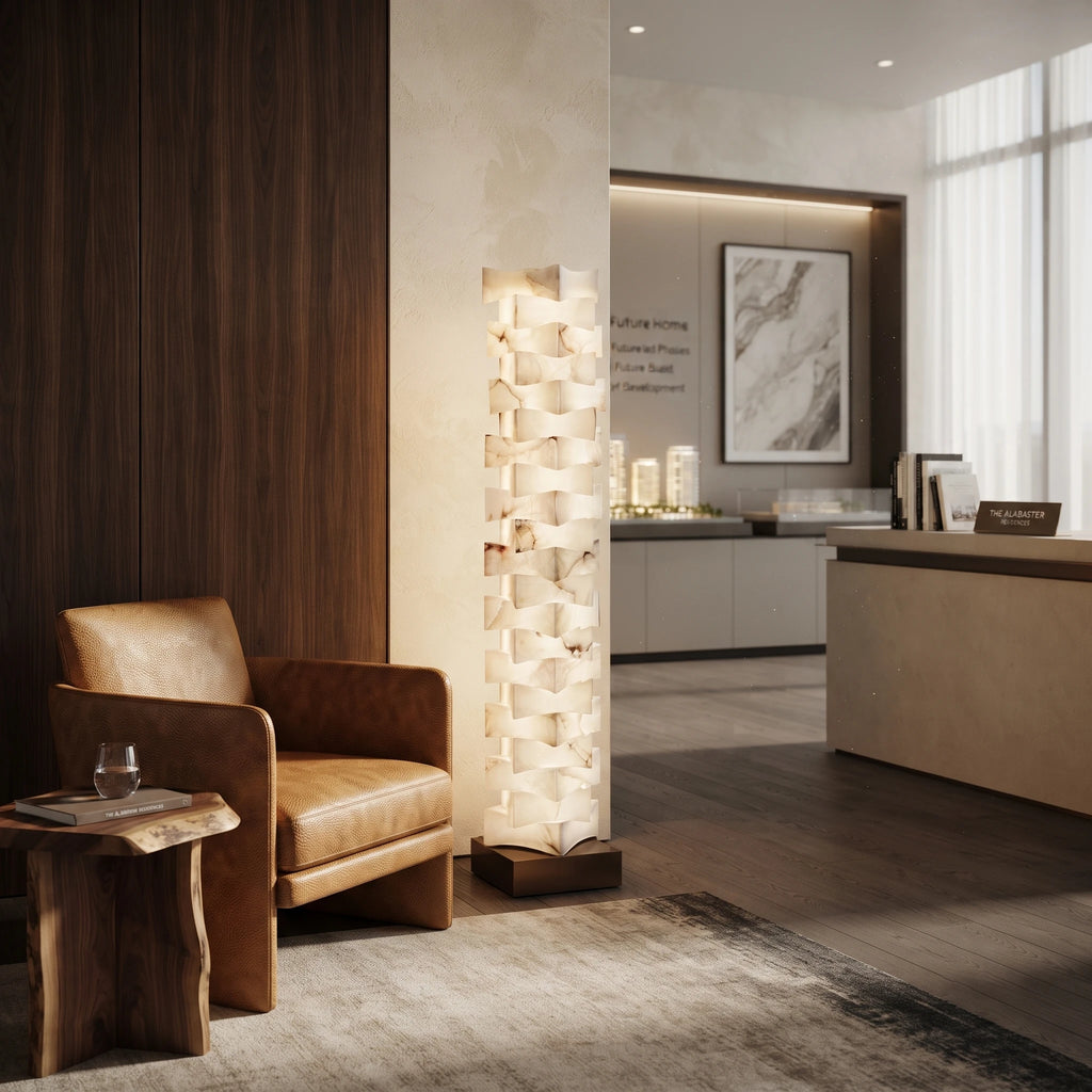 Modern Alabaster Floor Lamp Illuminating Luxury Lounge Area