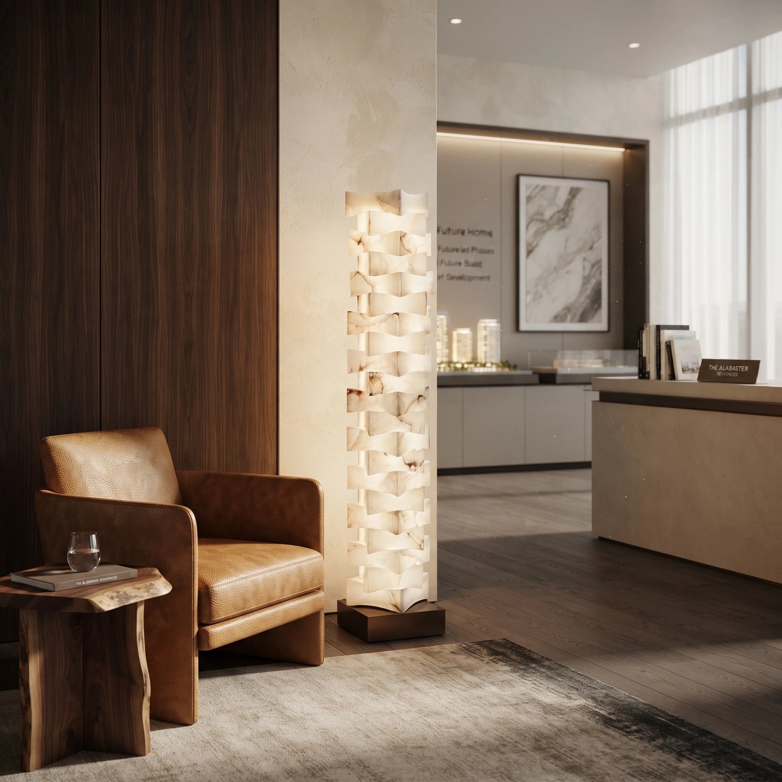 Modern Alabaster Floor Lamp Illuminating Luxury Lounge Area